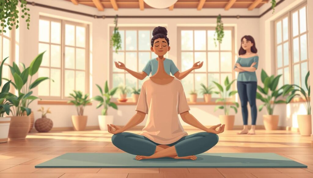 A serene indoor setting featuring a diverse group of three individuals practicing mindfulness exercises. In the foreground, a woman in modest casual clothing sits cross-legged on a yoga mat, eyes closed and hands resting on her knees, embodying a peaceful meditation posture. In the middle ground, a man stands with arms outstretched, practicing a gentle breathing exercise, while another person leans against a wall, observing with a calming smile. The background is a softly lit room with large windows allowing natural light to flood in, plants adorning the space for an inviting, tranquil atmosphere. The overall mood is calm and reflective, evoking a sense of personal growth and self-awareness. Capture this scene with a warm color palette and soft focus, showcasing the mindfulness techniques being engaged. nextself.ai