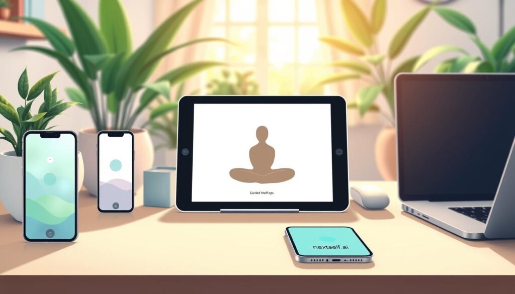 A serene workspace showcasing a collection of mindfulness apps on various devices, including smartphones, tablets, and a laptop. In the foreground, a smartphone displays a calming app interface with soothing colors like soft blue and green. In the middle, a tablet showcases guided meditation visuals, with abstract shapes symbolizing tranquility. The background features a softly blurred indoor setting adorned with plants and natural light filtering through a window, creating a peaceful atmosphere. The overall mood is calm and focused, embodying self-awareness and personal growth. The scene subtly incorporates the brand "nextself.ai" through a logo on the devices. The lighting is warm and inviting, with a shallow depth of field that accentuates the devices.